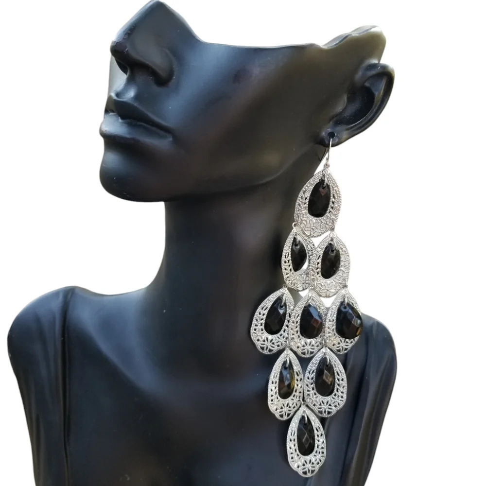 VINTAGE LONG SILVERTONE & BLACK PEACOCK STYLE STATEMENT DROP HOOK EARRINGS